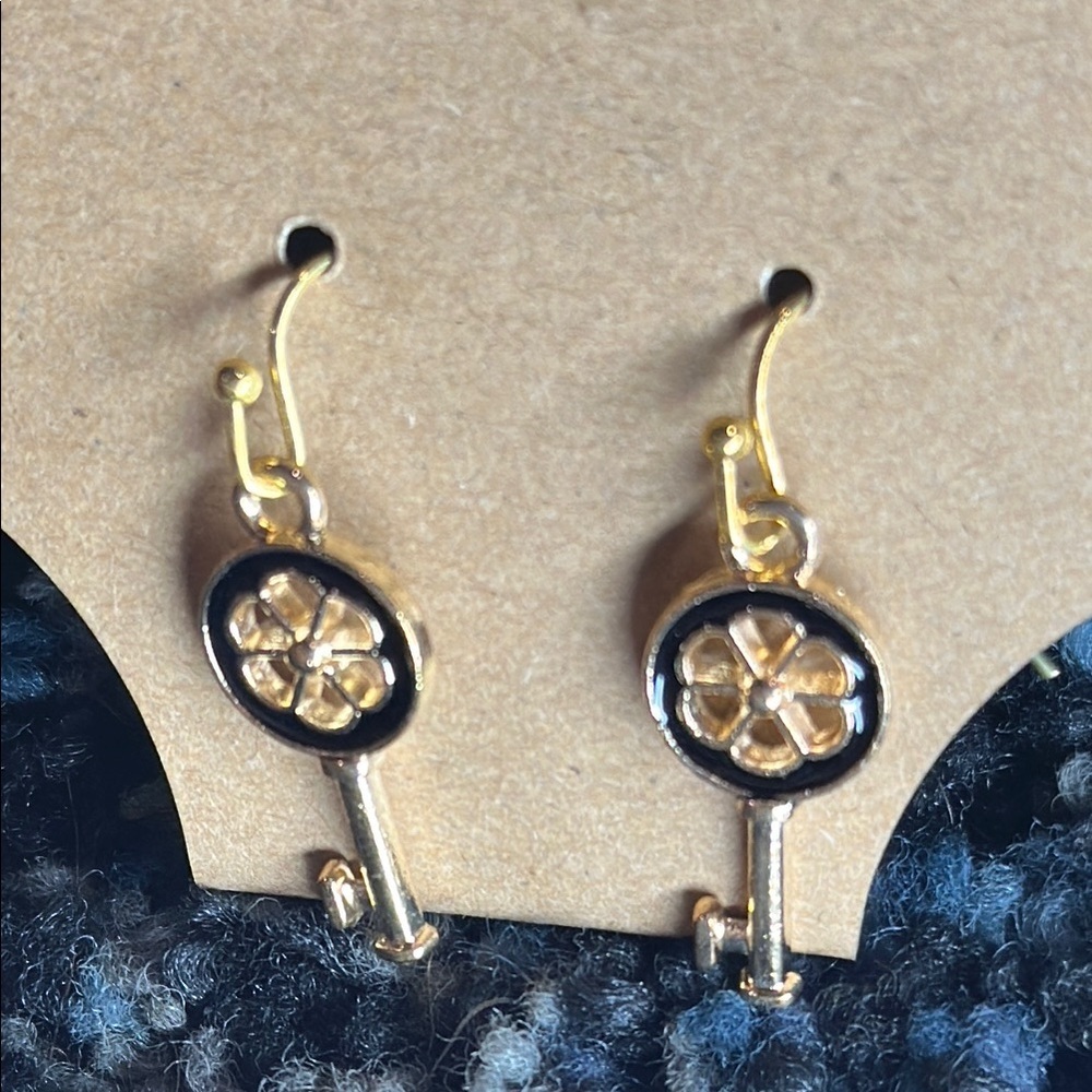 Hand Crafted KEYs Gold and Black Dangle Earrings